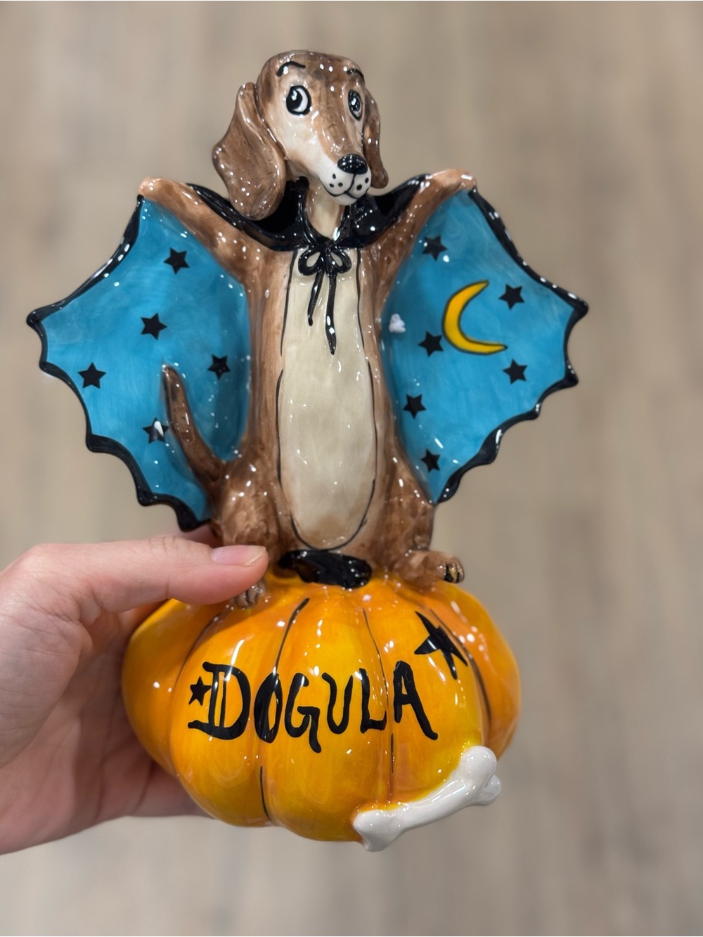 Dog Pumpkin Figurine - Brown Dog with Blue Bat Wings
